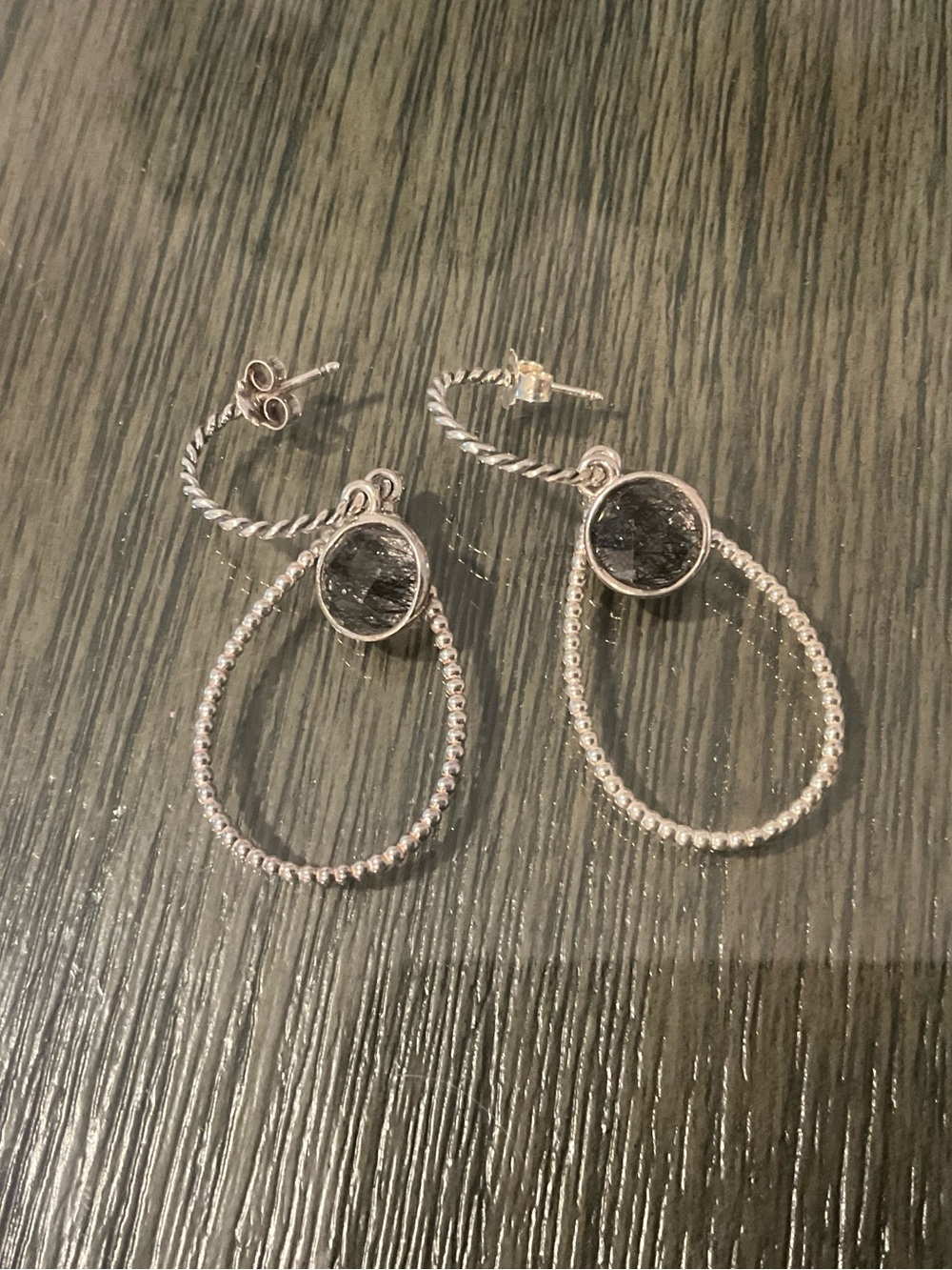 Pandora Sterling Silver Black Rutilated Quartz Hoop Earrings 925 - Picture 3 of 8